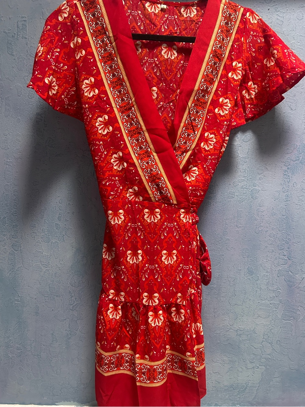 Bohemian flirty red & coral wrap dress